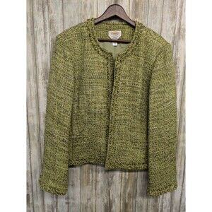 Talbots Women's Green Tweed Jacket Fringe Pockets Career Size 14